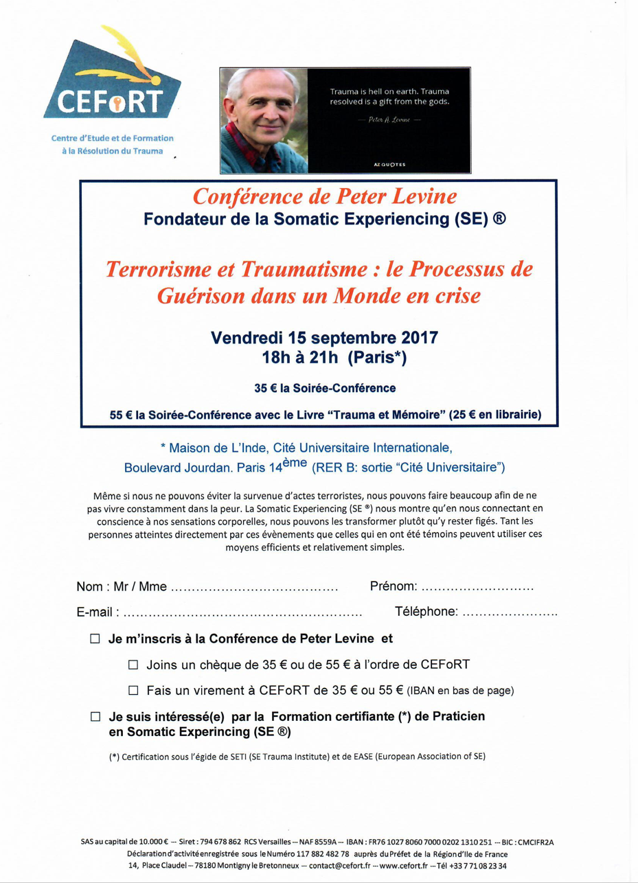 Conférence de Peter Levine – Vendredi 15 Septembre 2017 – Terrorisme et Traumatisme : Le processus de Guérison dans un Monde en crise