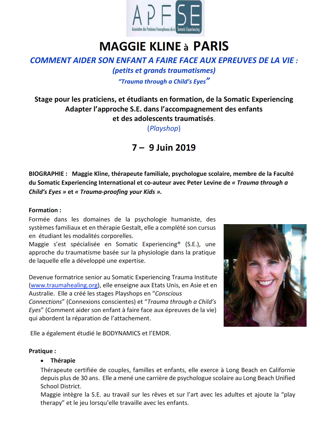 STAGE COMPLET-Maggie Kline à Paris – Comment aider son enfant à faire face aux épreuves de la vie  (7-9 Juin 2019)