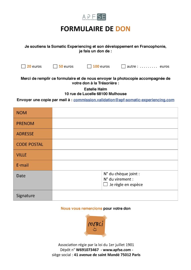 Formulaire de Don | APFSE - Association des Praticiens Francophones de